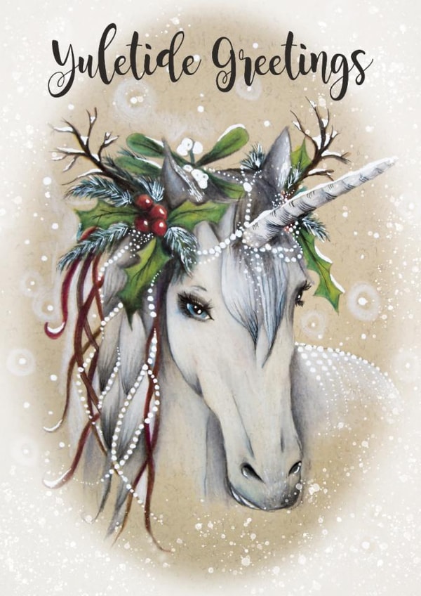 Unicorn Yuletide Greeting Card created by HelenFaerieArt