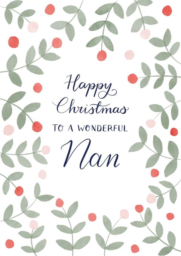 Happy Christmas Wonderful Nan - Watercolour classic pretty traditional card created by Nicki O'Donoghue Studio