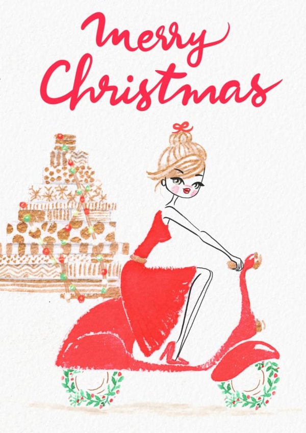 Cute & fun Merry Christmas card 4 a traveling sister, daughter, niece or friend created by Paula Romani Studio