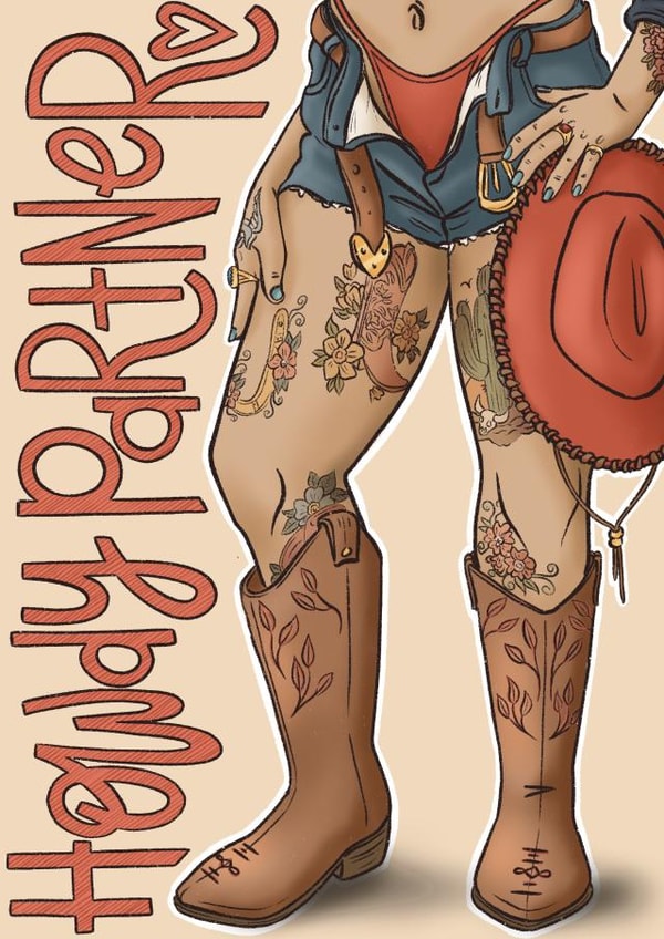 Howdy partner sexy cowgirl card created by Tee Ansell Draws