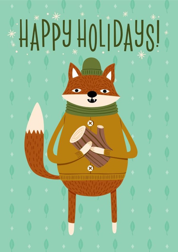 Friendly Holiday Card - Cozy Winter Fox with Fire Wood - Happy Holidays created by Kay Wolfersperger
