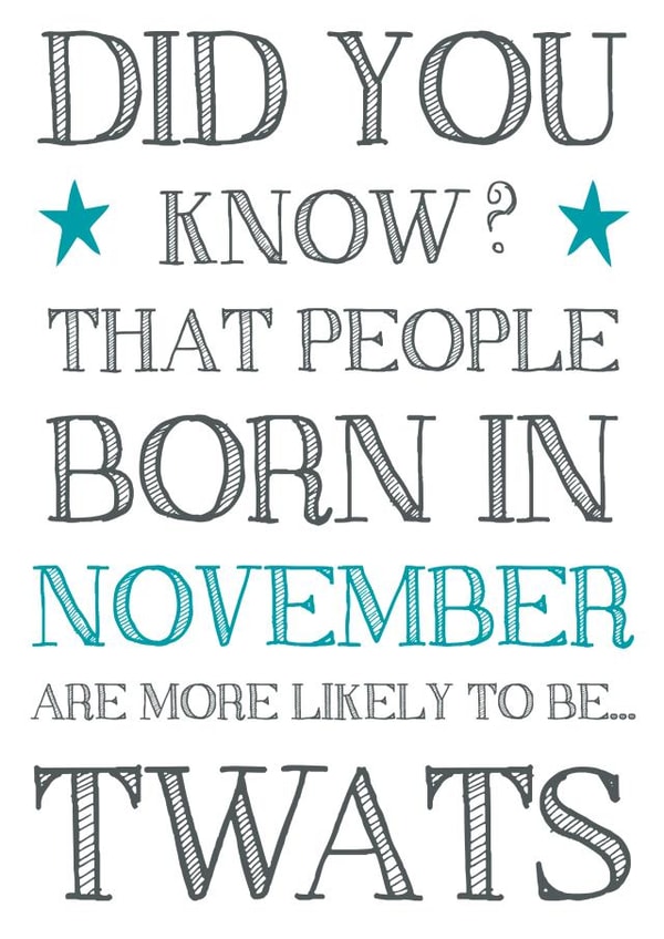 Funny cheeky rude November Birthday card for a friend or family created by Hello Fridays Studio