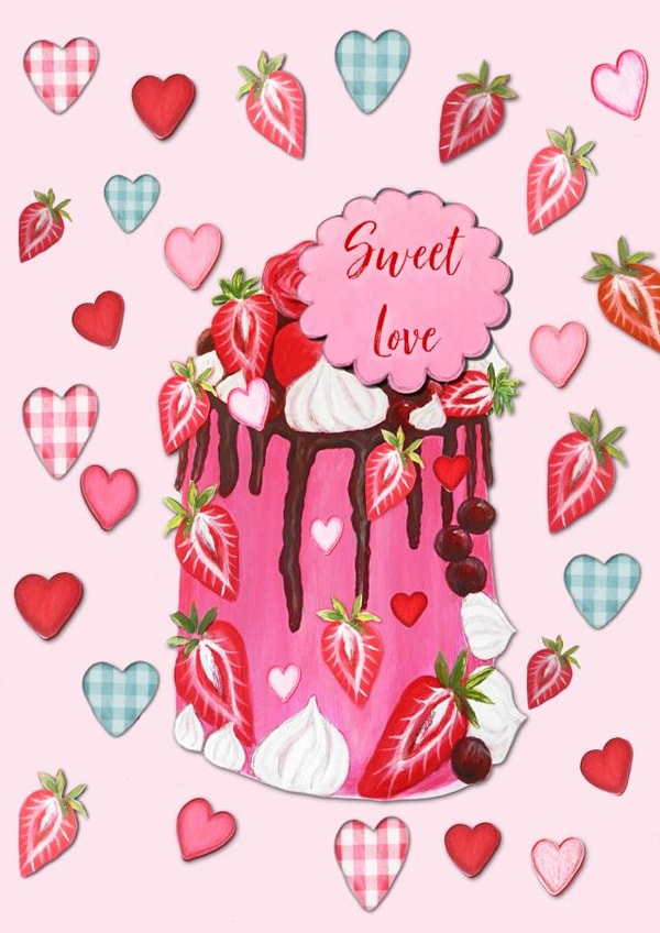 Valentines cake card with chocolate, strawberries and gingham hearts created by Magenta Rose Designs