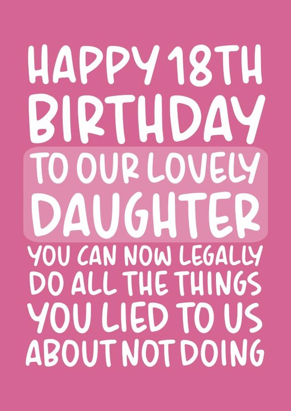 Happy 18th Birthday to our Lovely Daughter Funny Card From Parents created by Brogan Thomas