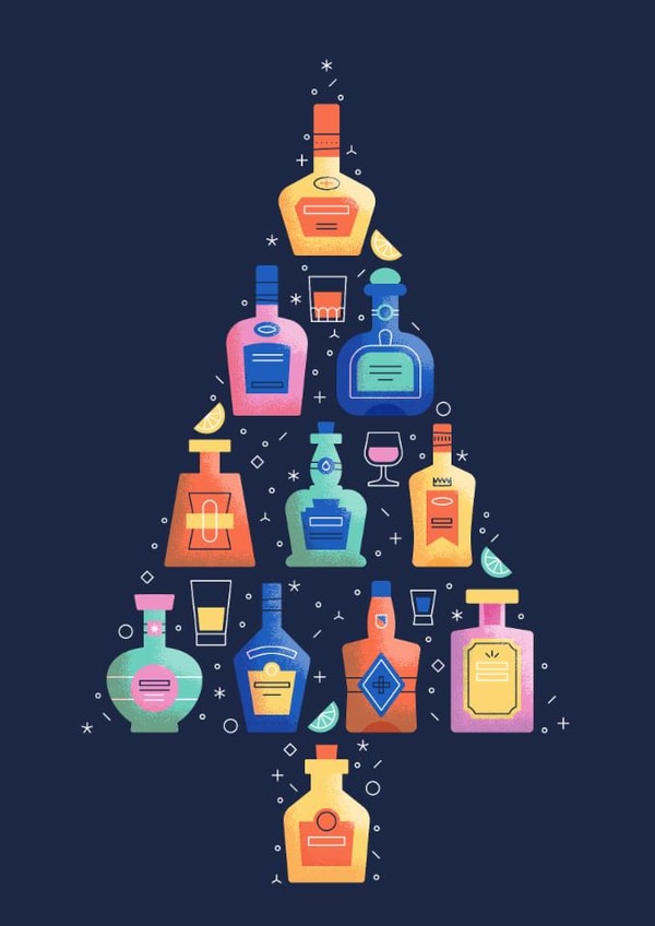 Boozy alcohol themed Christmas tree festive card created by Chris Wharton