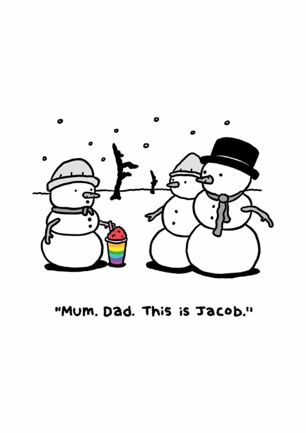 LGBTQ+ Snowman meeting parents - Christmas card created by Thomas Wykes