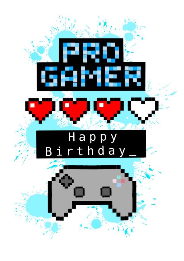 Pro gamer retro pixel birthday card created by Monzino Creations