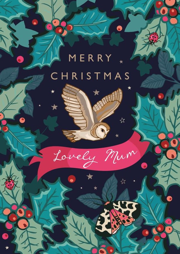 Merry Christmas Lovely Mum - Owl - Holly - Jolly Holly - Stars - Pretty - Berries - Lovely Mum - Mum - Christmas Card created by Angie Spurgeon