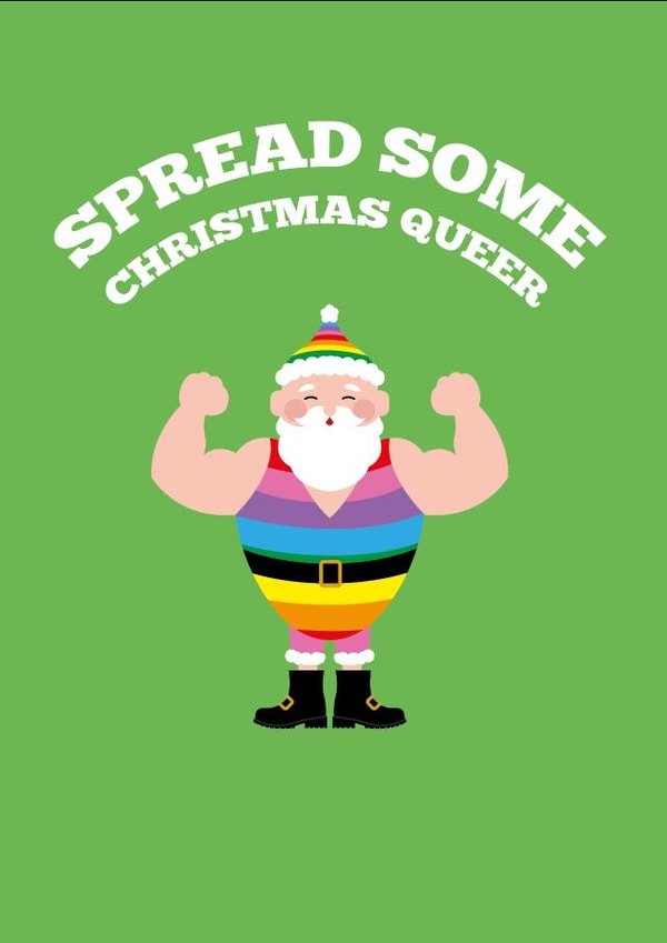 Gay Santa Christmas Card - LGBTQ+ Rainbow Buff Santa created by PonyChops