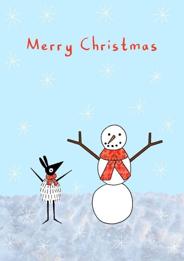 Snowman and Floof Christmas Card created by Penelope O'Neill Illustration