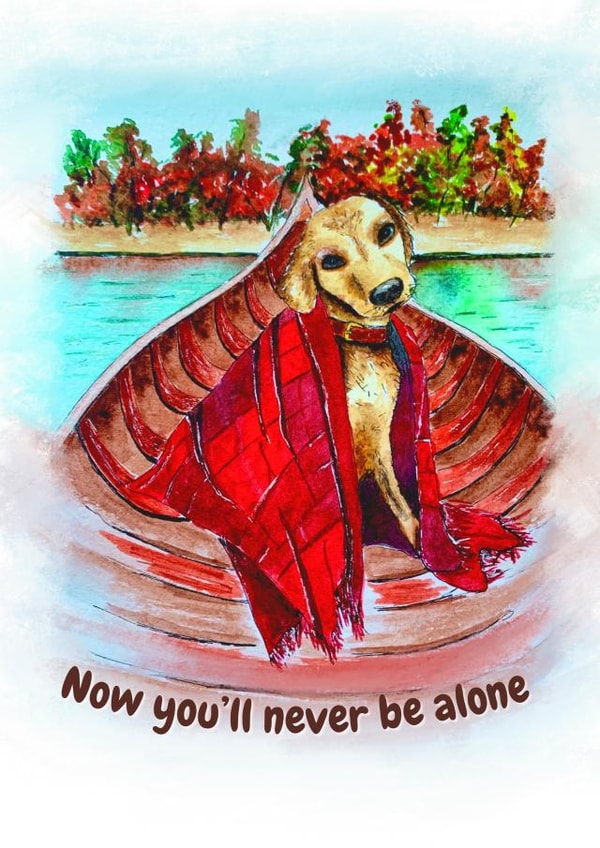 Greeting card with watercolor dog in a boat  created by Katherine Tolstyh