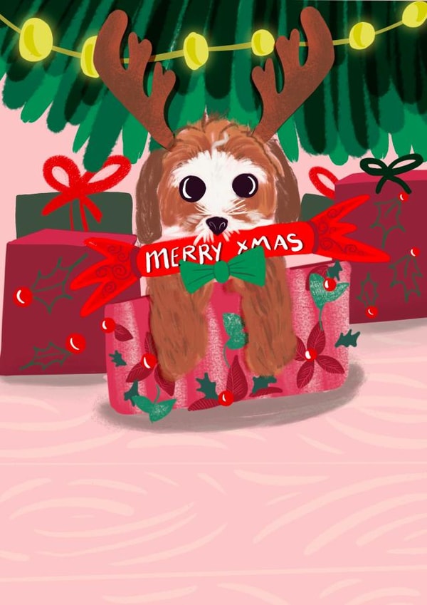 Cute dog with antlers Christmas card created by Sinead Peyton