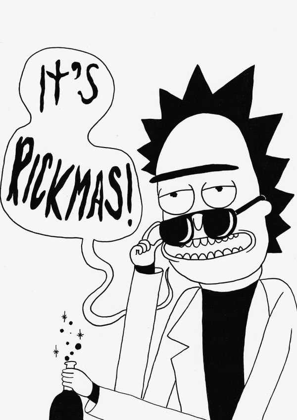 Rickmas - Rick and Morty - Cartoon - Pun - Potion - Sunglasses - Rick - Black and White - Christmas Card created by Rochelle Asquith