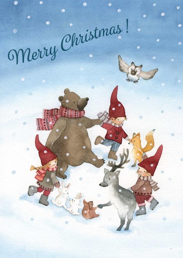 Joyful elves and woodland animals Christmas Card created by Sini Ezer