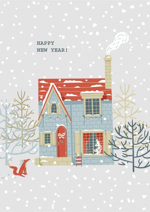 Happy New Year card with blue house created by Alyona Shirokova
