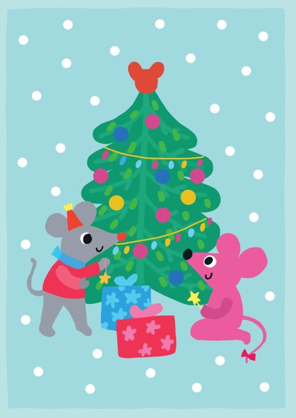 Cute mices around the Christmas tree with presents and gifts decorating created by @Doodle Bunny