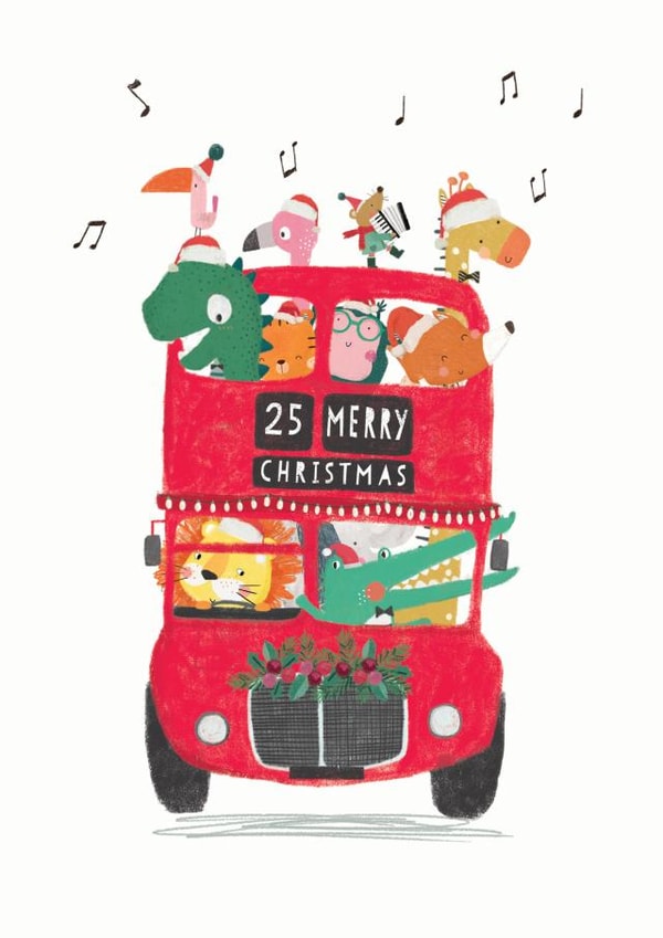 Children's animals on London bus Christmas card created by Stripey Paper