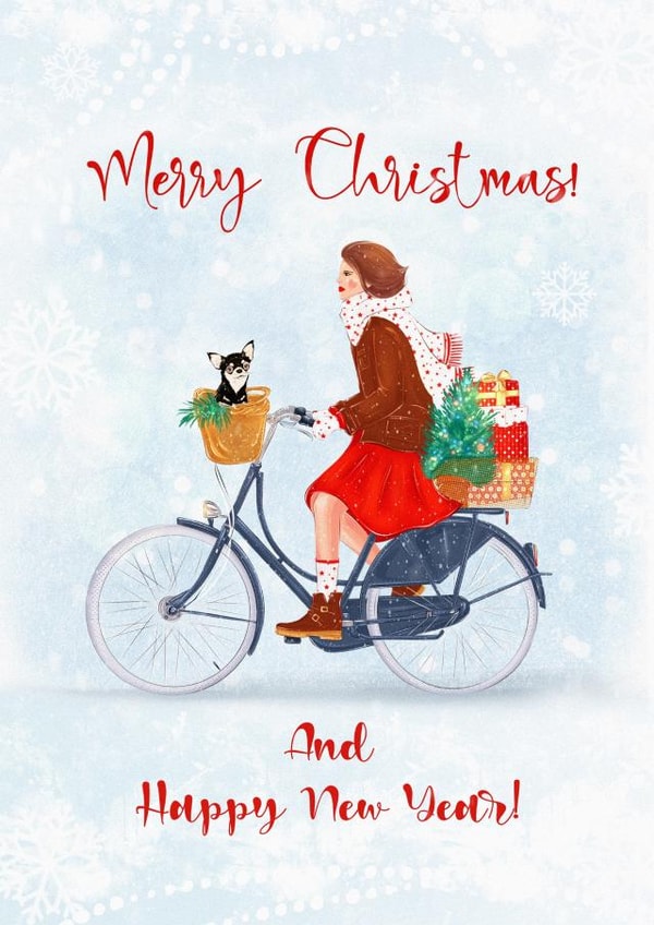 Girl with dog on bike on christmas card created by Svetlana Sadkova