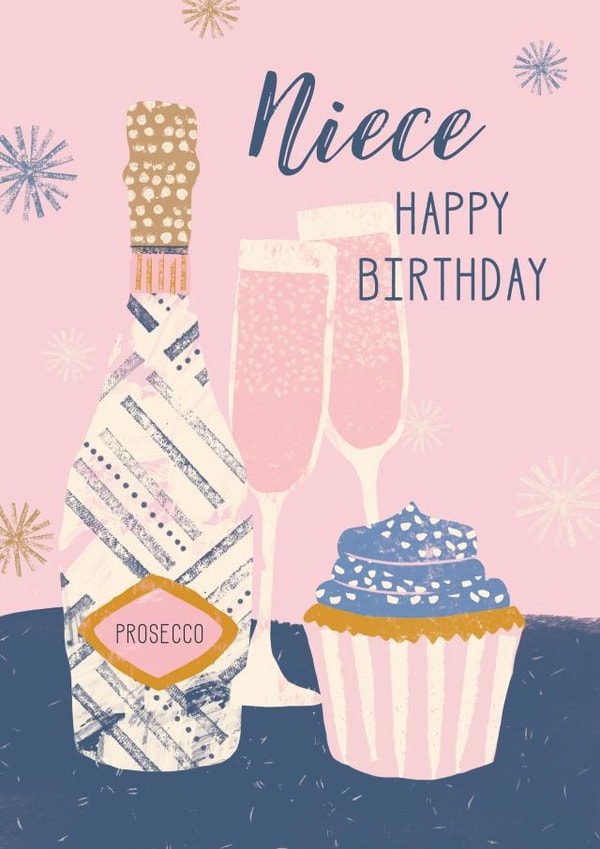 Niece prosecco and cupcake birthday card created by Rebecca Prinn