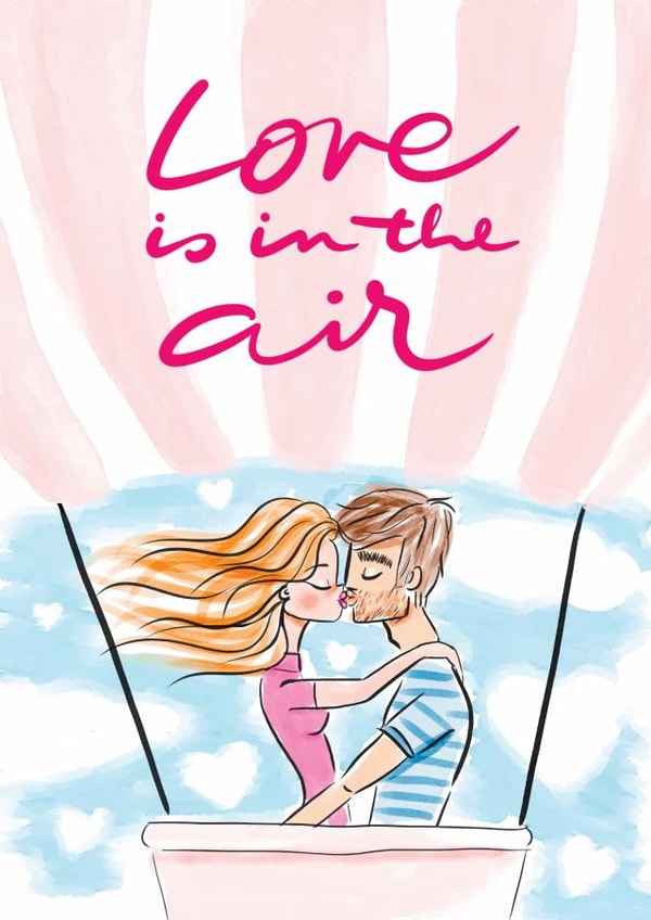 Happy Anniversary card. Kissing couple in a hot air balloon in the sky. created by Paula Romani Studio