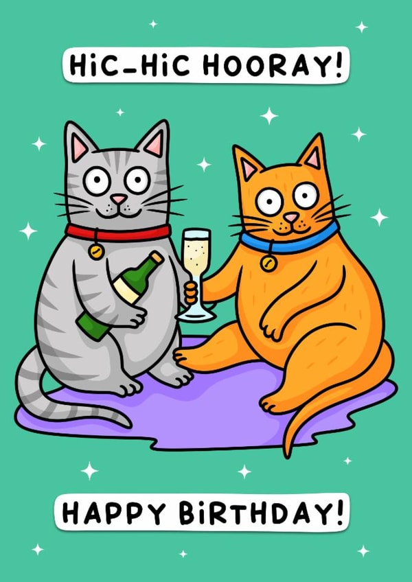 Hic-hic hooray! Cute boozy cat themed birthday card for cat fans everywhere! created by Wafflemamaart
