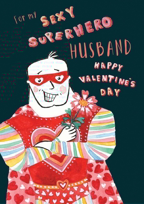 Husband sexy superhero Valentine's Day card created by Dawn Quigg Illustration