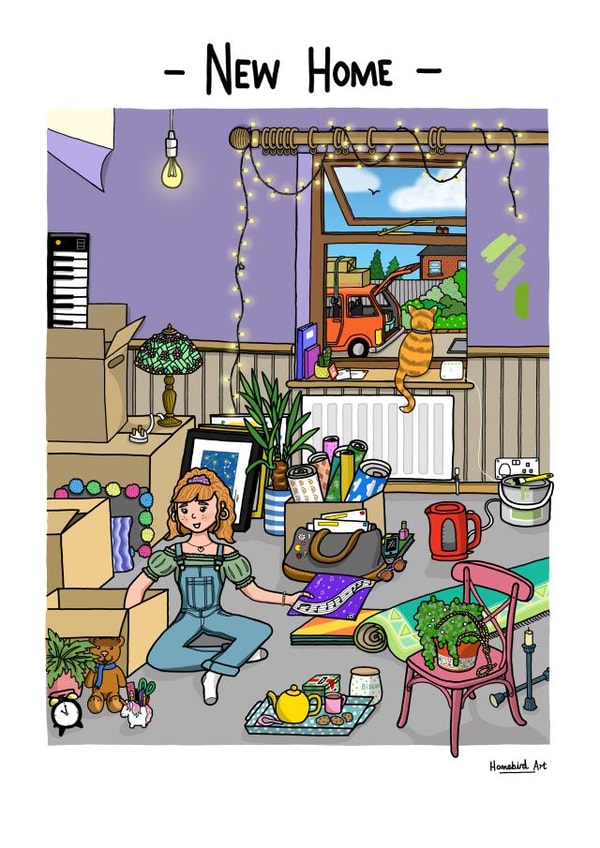 Modern Indie New Home Card - Cat - New Home created by Homebird Art