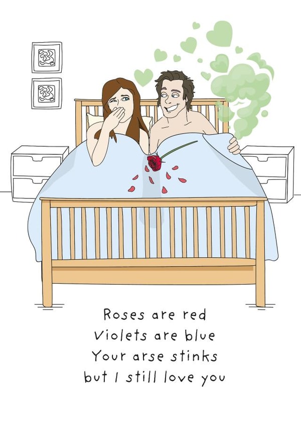 Your arse stinks but I love you Valentine card created by Rachel Millson-Hill