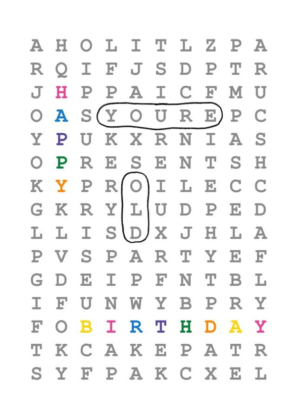 Word search birthday card - Happy Birthday, You're Old created by Naomi Johnson