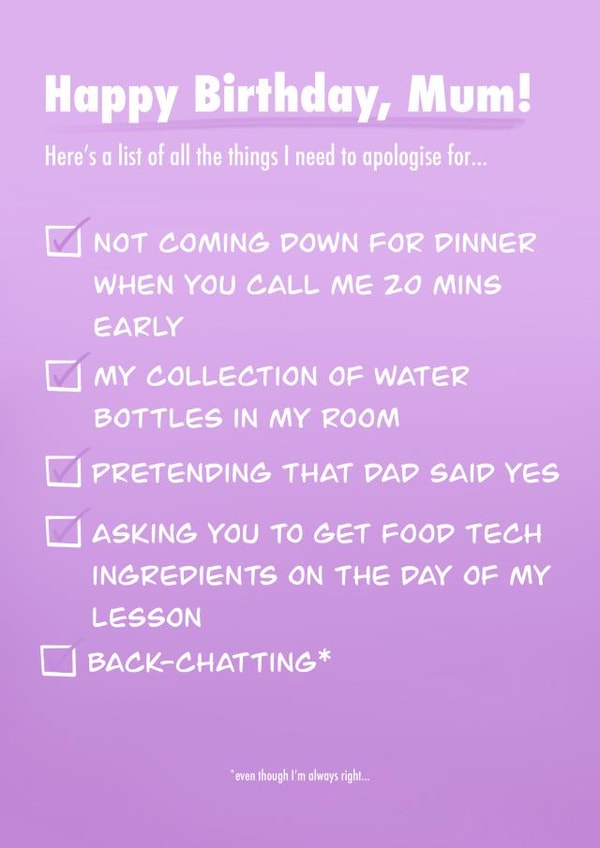 Funny Apologies to Mum Birthday Card created by Emma Cullingford