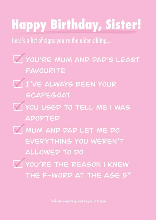 Signs You Are The Older Sister Birthday Card created by Emma Cullingford