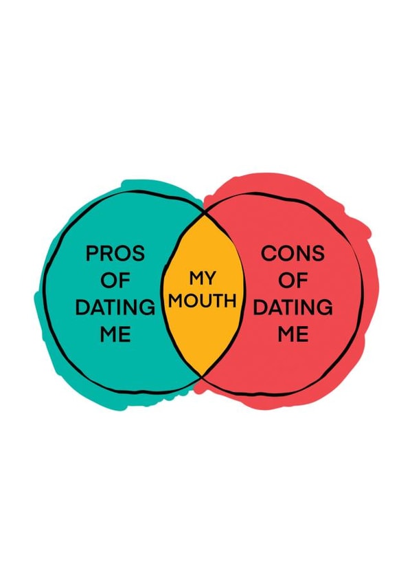 Pros and Cons of Dating Me Valentine's Day Card created by The Sweary Card Co