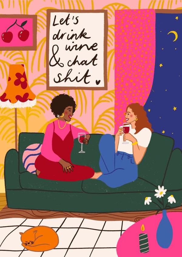 Let's Drink Wine and Chat Shit Galentines Card created by Emmy Lupin Studio 