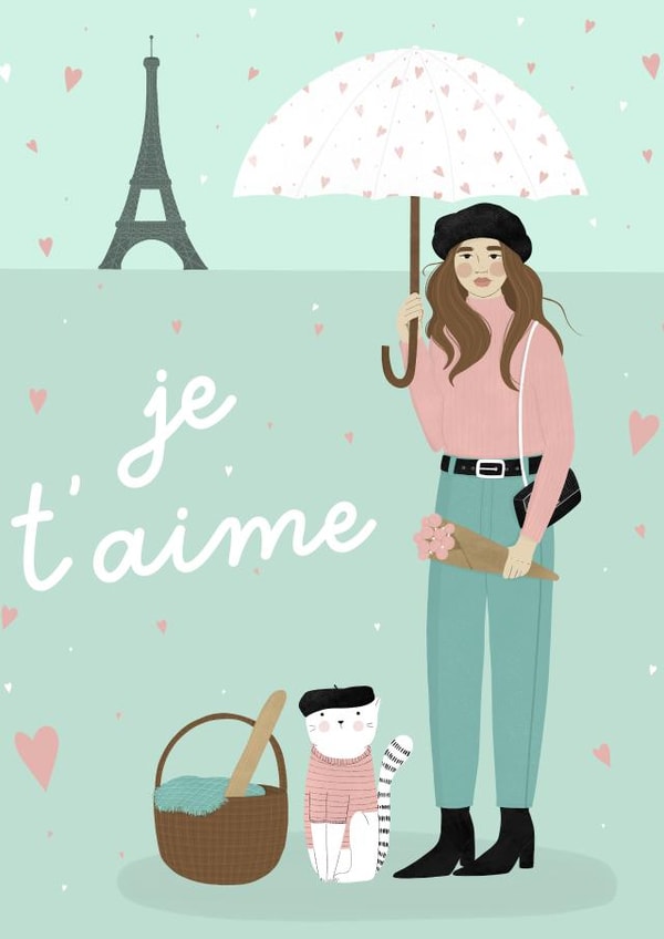 je t'aime - cats - love - paris - baguette - picnic - french - umbrella created by Dani Law Art