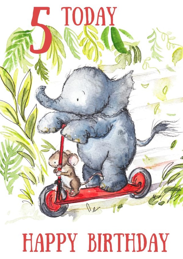 Scooting elephant 5th birthday card created by Kate Garrett