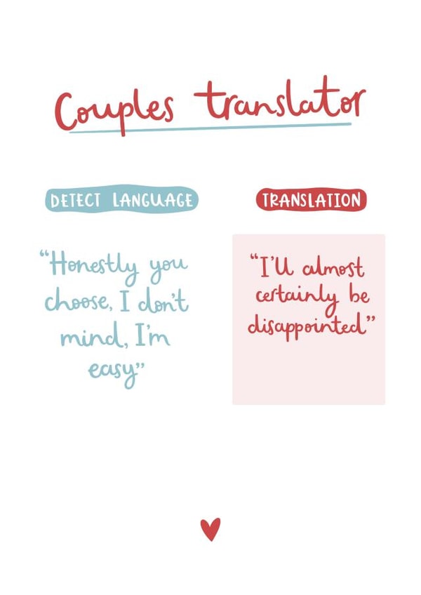 Funny couples disappointed translator card written by Very British Problems, illustrated by Abbie Imagine created by Very British Problems
