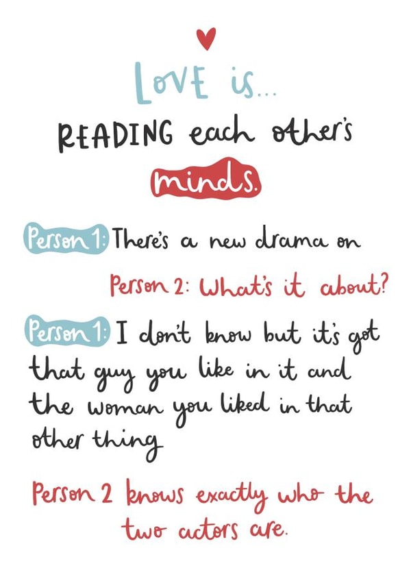 Love is reading each others minds card written by Very British Problems, illustrated by Abbie Imagine created by Very British Problems