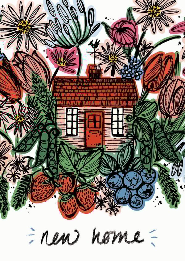 Pretty New Home Card - Cottage - Flowers & Berries - New Home created by Aimee Mac Illustration