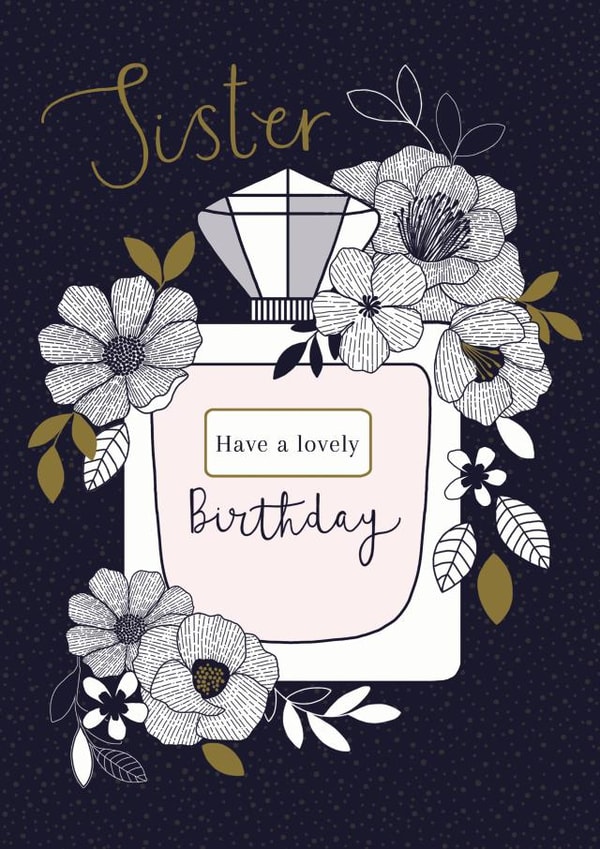 Sister floral perfume bottle Birthday card created by Sarah Hustwaite Illustration