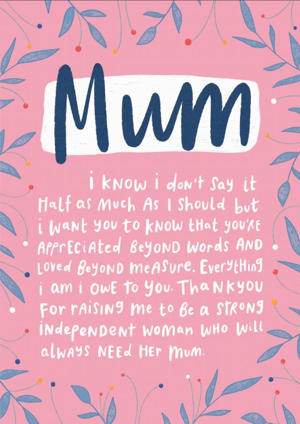 Heartfelt Mothers Day Card - Mum - Thankyou For Raising Me To Be A Strong Independent Woman created by katie illustrated