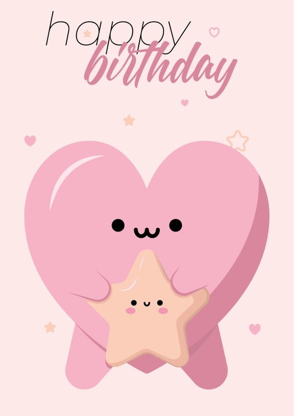Cute kawaii birthday card with heart and star created by Iryna Kozhevnikova