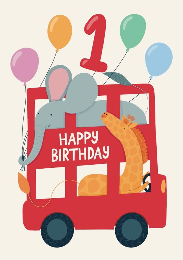 1st Birthday Bus with Elephant and Giraffe Card created by Christine Cuddihy Illustration