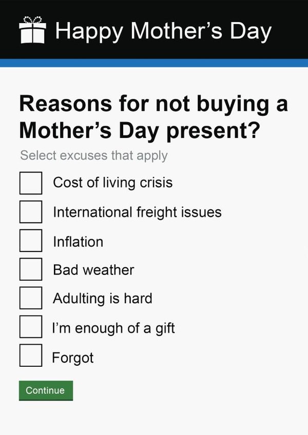 Funny Mother's Day Card | Cheeky | Government Gateway Present Excuses Card created by Pottsy Prints