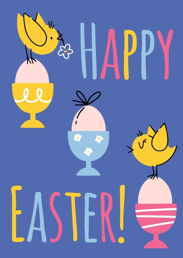 Cute Easter greeting card with little chickens on colored egg cups created by Nastea Fedorenko