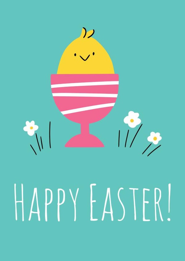 Easter greeting card with a little chicken in a painted egg cup created by Nastea Fedorenko