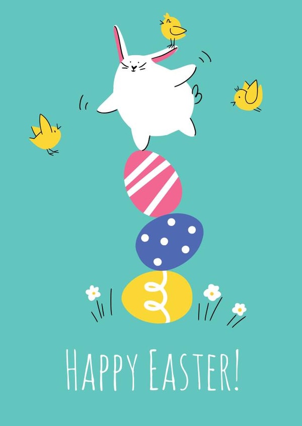 Cute easter greeting card with bunny balancing on painted eggs created by Nastea Fedorenko