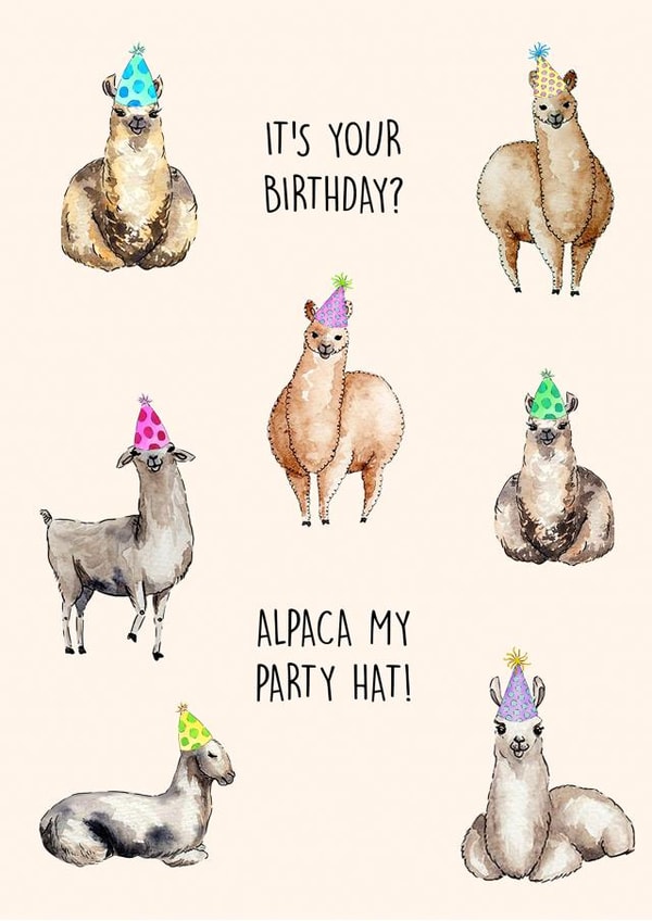 Cute Birthday Card - Funny Pun - It's Your Birthday? Alpaca My Party Hat created by Poppy & Mabel 