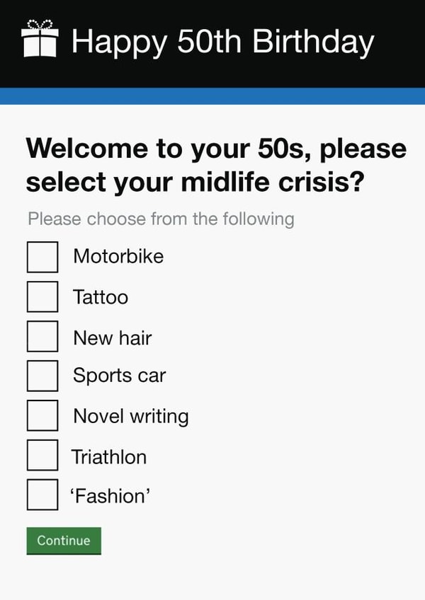 50th Birthday Card | Funny | Cheeky | 50s Mid Life Crisis Form created by Pottsy Prints