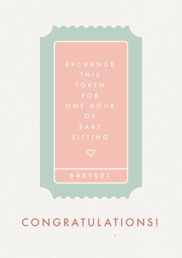 Congratulations new baby card with babysitting token created by Paper & Wool