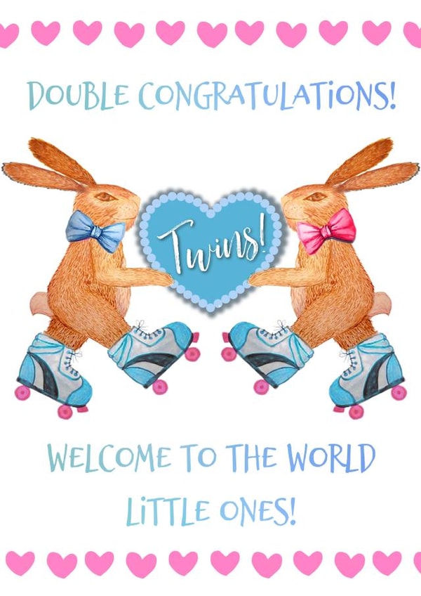 Twin baby birth congratulations card for boy and girl twins created by Magenta Rose Designs